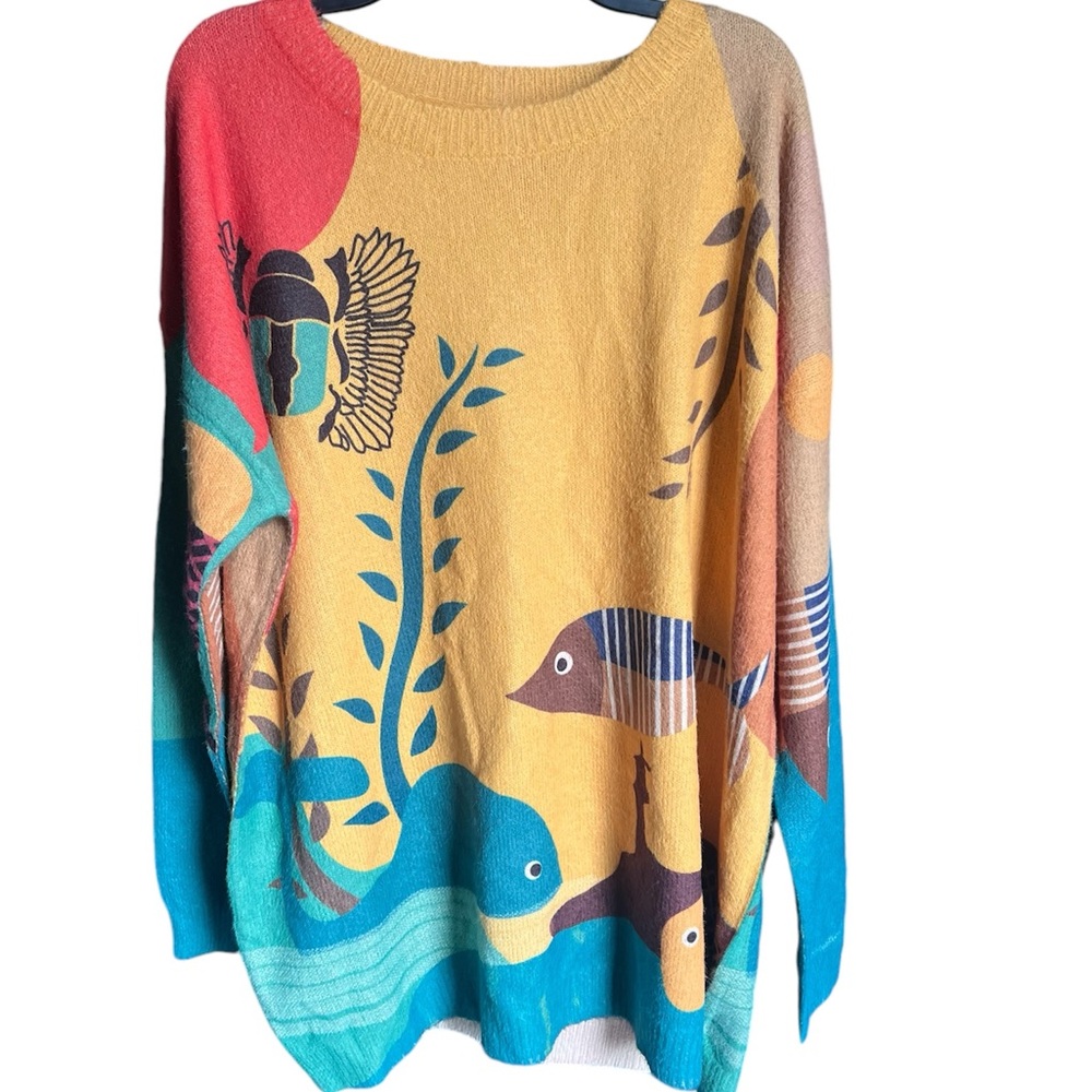 Yellow and Blue Crew Neck Sweater with Playful Design